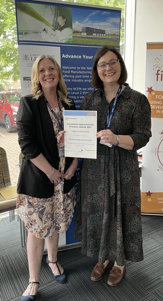 Caroline Dodson, Programme Lead for Level 6 Nursing Apprenticeship Programme and Sharon Green, University of Lincoln Director of Apprenticeships at The Lincolnshire Apprenticeship Champion Awards 2023.
