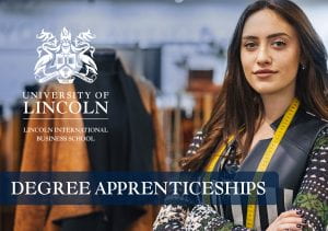 Woman behind LIBS logo and text 'Degree Apprenticeship'